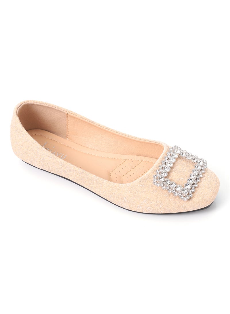 nude Glittery Simple Evening Slip On Flats