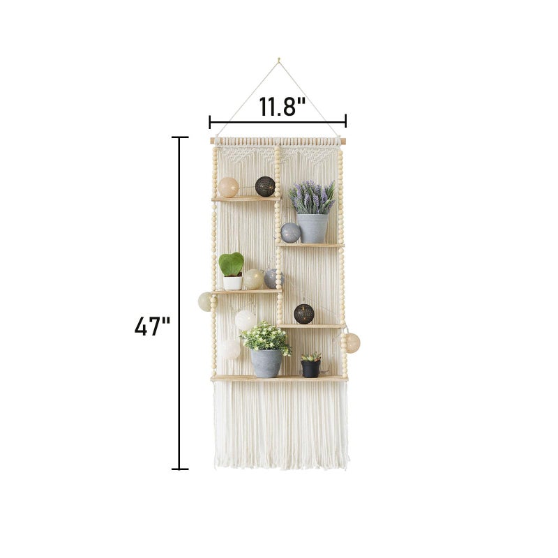 Flber Macrame Wall Hanging Shelf Boho Wall Decor Home 2 Tier Hanger Shelves Braided with Tassels Shelves Organizer for Kitchen, Bedroom, Home Storage, Floating Plant Shelf (Wood) - Image 5