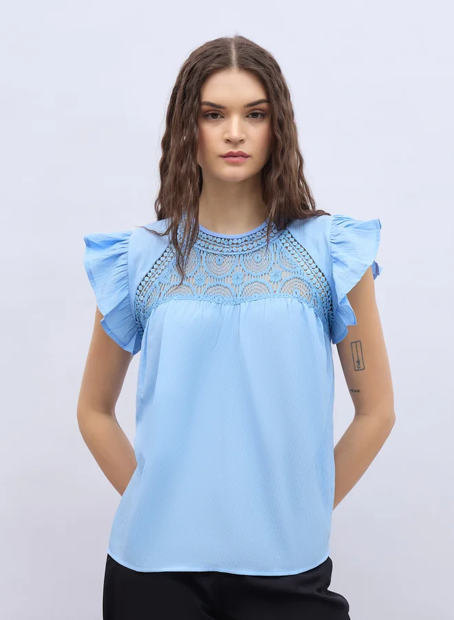 ستايلي Styli Ruffled Sleeve Lace Detail Regular Fit Top