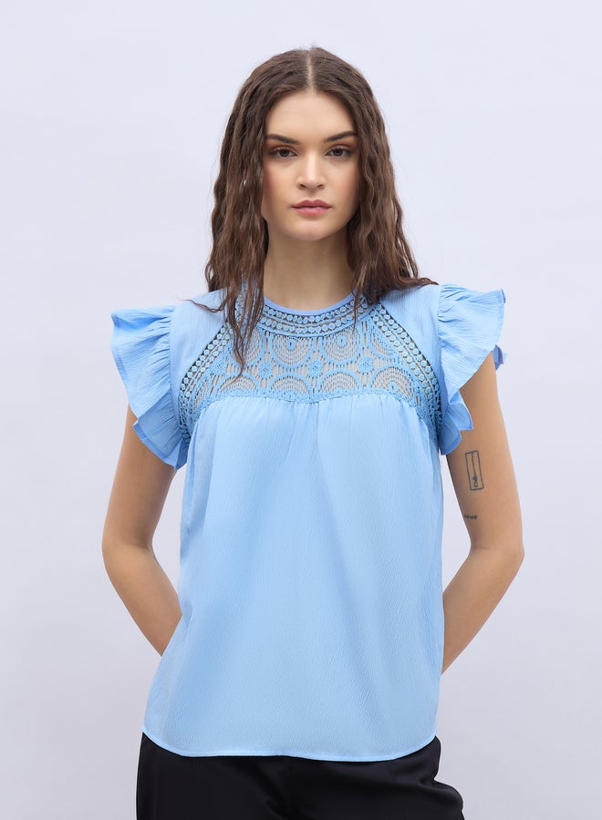 Styli Ruffled Sleeve Lace Detail Regular Fit Top - Image 1