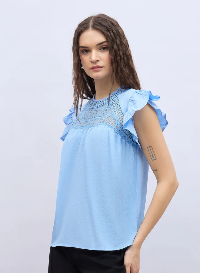 ستايلي Styli Ruffled Sleeve Lace Detail Regular Fit Top