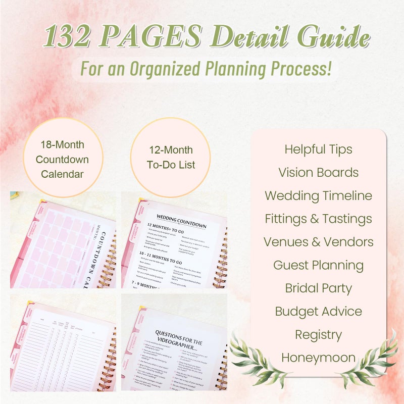 BLESWIN Wedding Planner For Bride-Bridal Wedding Planning binder With 5 Tabbed Sections+Wedding Countdown Calendar,Unique Engagement Gifts For Couples,Pink Love - Image 3