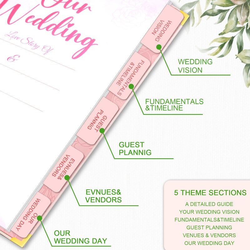 BLESWIN Wedding Planner For Bride-Bridal Wedding Planning binder With 5 Tabbed Sections+Wedding Countdown Calendar,Unique Engagement Gifts For Couples,Pink Love - Image 5