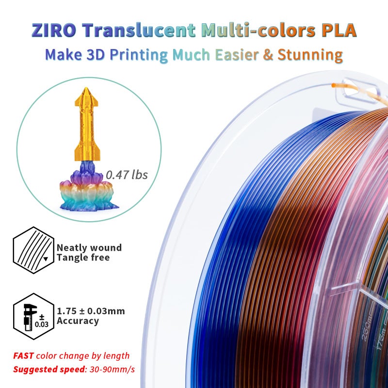 ZIRO Fast Color Changing PLA, Transluent Multicolor Filament 1.75mm, 3D Printing Material, 1kg Spool, Dimensional Accuracy +/-0.03mm, Fit Most 3D Printers, Crystal Prism - Image 4