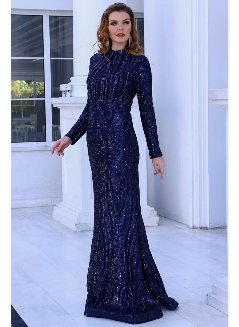 Esilanur Ebru Hijab Evening Dress Navy Blue - Image 2