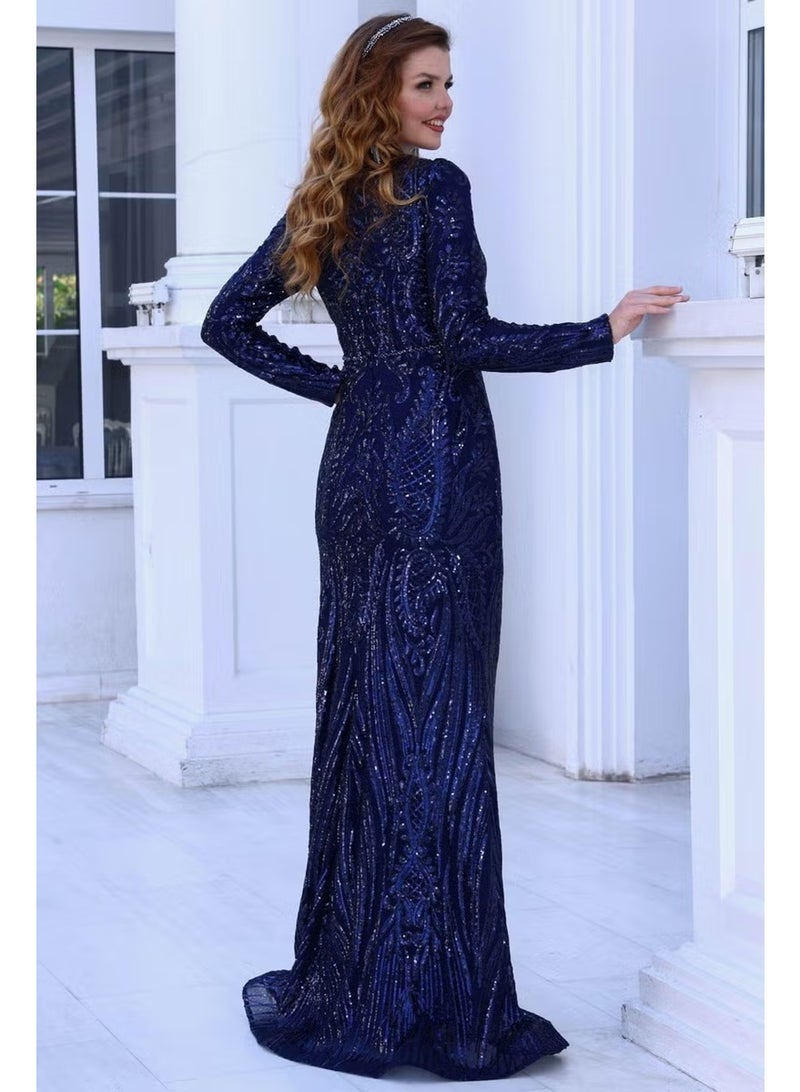 Esilanur Ebru Hijab Evening Dress Navy Blue - Image 3