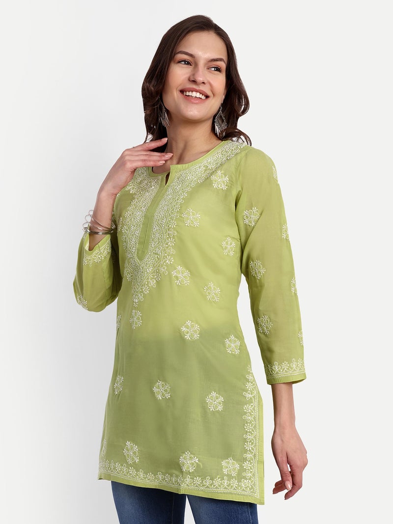 Ada Hand Embroidered Lucknow Chikankari Straight Round Neck Cotton Short Kurti Top for Women A911330 (XL, Pear Green) - Image 4