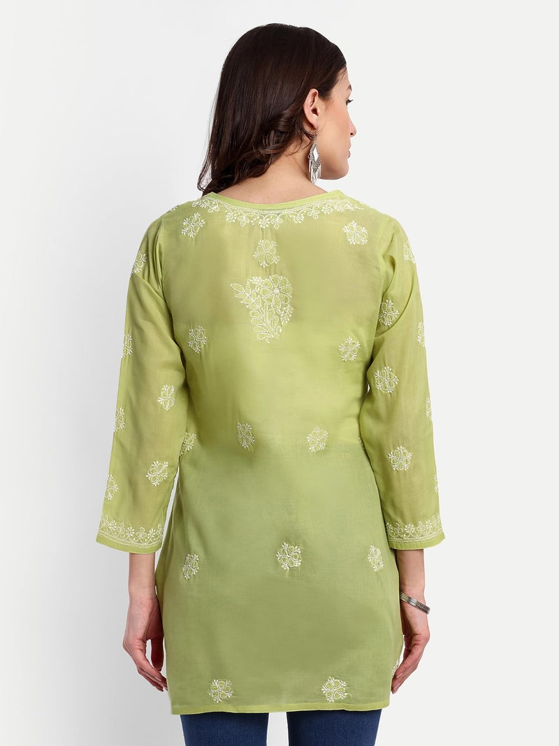 Ada Hand Embroidered Lucknow Chikankari Straight Round Neck Cotton Short Kurti Top for Women A911330 (XL, Pear Green) - Image 2