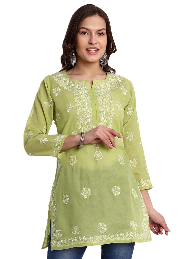 Ada Hand Embroidered Lucknow Chikankari Straight Round Neck Cotton Short Kurti Top for Women A911330 (XL, Pear Green) - Image 1