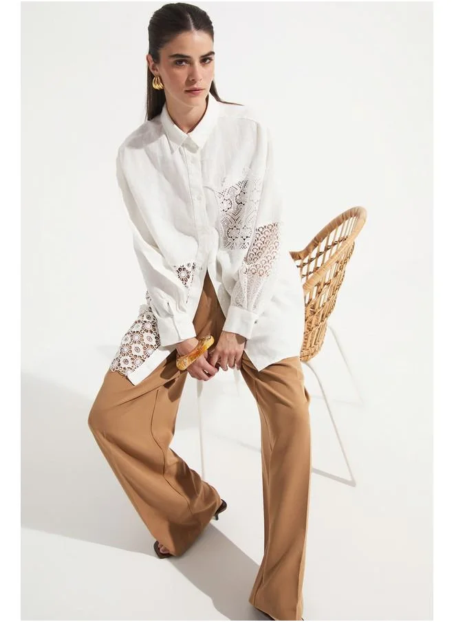 جون June Exclusive Guipure Detailed 100% Linen Shirt White