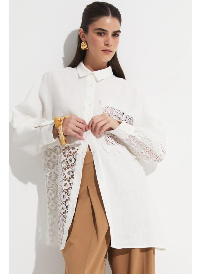 جون قميص كتان أبيض حصري بتفاصيل جيبير من يونيو - Image 3