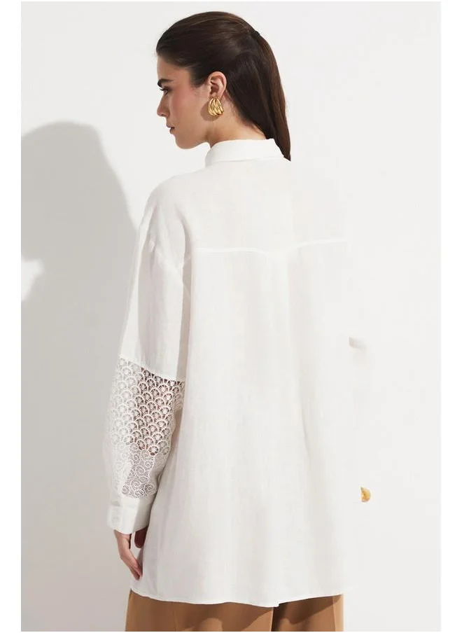جون June Exclusive Guipure Detailed 100% Linen Shirt White