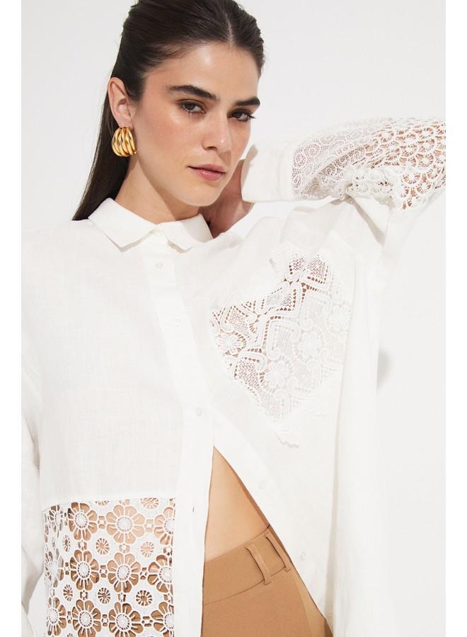 جون قميص كتان أبيض حصري بتفاصيل جيبير من يونيو - Image 1