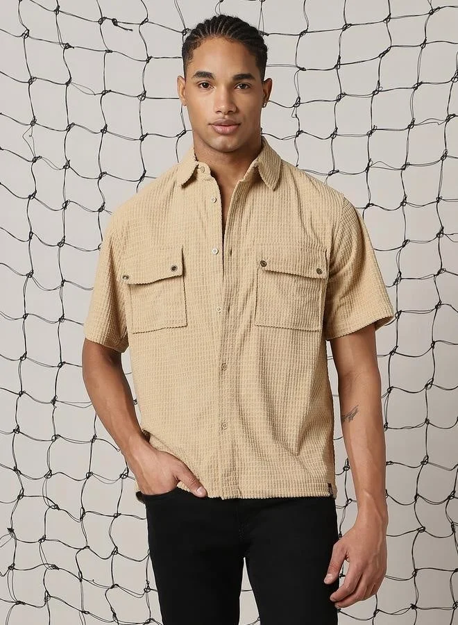 Hubberholme Oversized Spread Collar Solid Pattern Half Sleeve Button Closure Shirt for Men, Casual Comfort