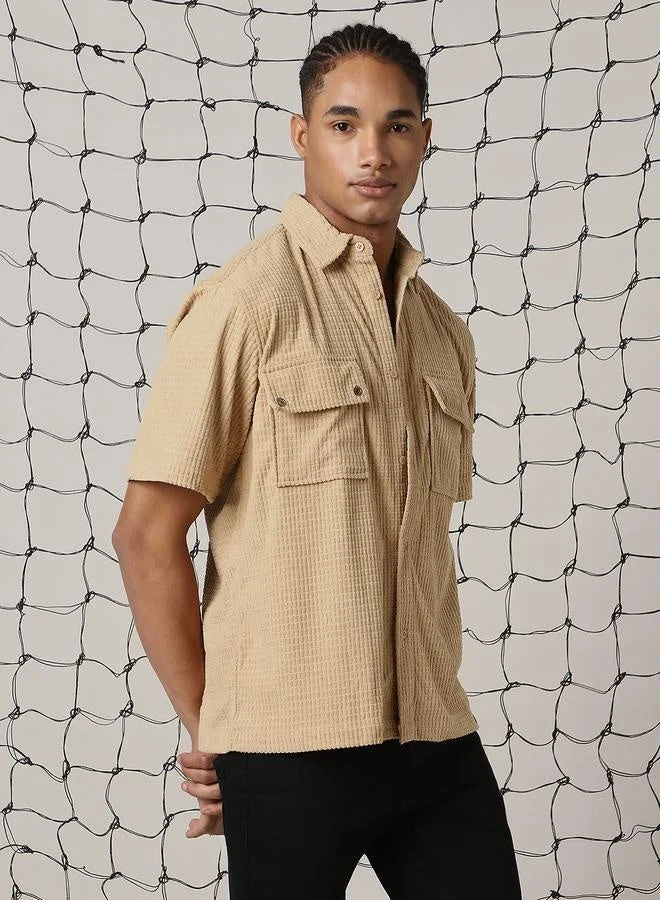 Hubberholme Brown Oversized Spread Collar Solid Pattern Half Sleeve Button Closure Shirt for Men, Casual Comfort for Men | Best Price UAE