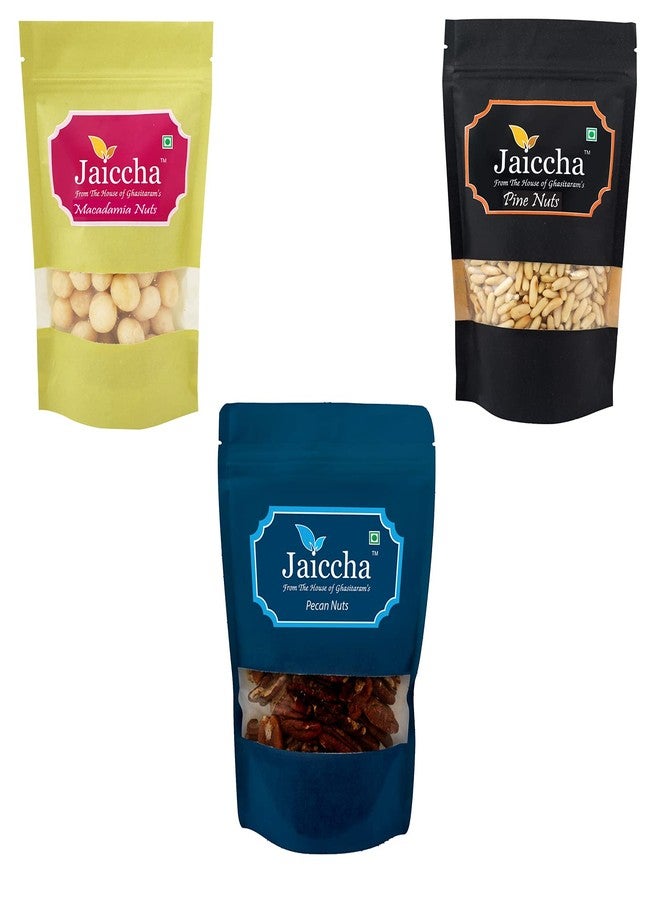 Jaiccha Ghasitaram Gifts Jaiccha - Pack of 3 Premium Nuts Pinenuts, Pecan and Macadamia 300 GMS|Dryfruit Gift Hamper|Dry Fruit Combo Pack offer|Dry Fruit Gift Pack|Dry Fruit Box|Diwali dry Fruit Gift Box|Mix Nut| - Image 1