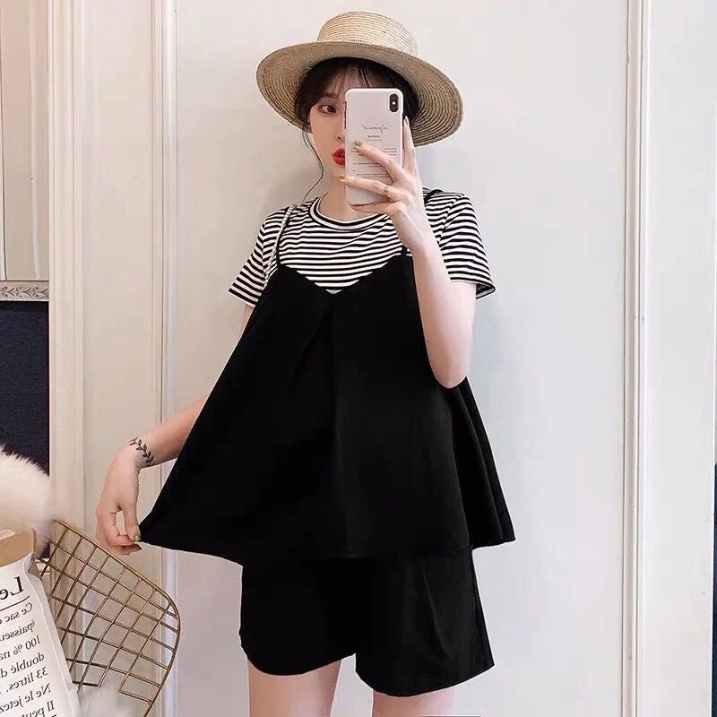 Maternity 2023 Summer Maternity Fake Three-piece Striped Short-sleeved T-shirt Top Abdominal Pants Shorts Two-piece Set Black
