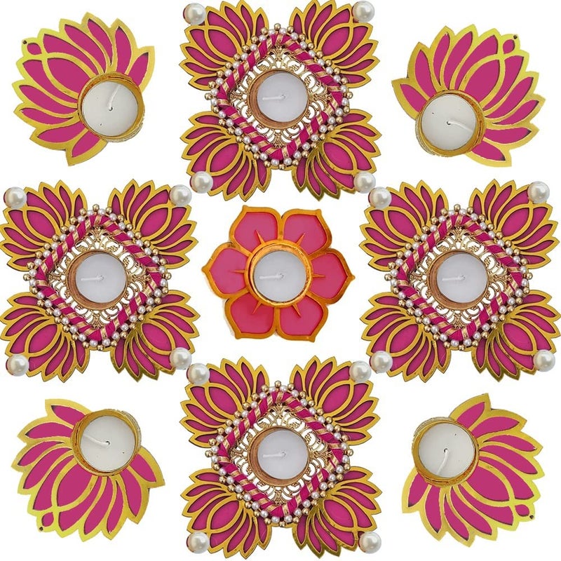 MYGIFTYSHOP MyGiftyShop Decorative Pink Lotus MDF Diya Rangoli with Flower Diya Set of 9 Tea Light Candles for Diwali Dipawali Decoration New Year Christmas House Warming Dusshera Laxmi Puja - Image 1