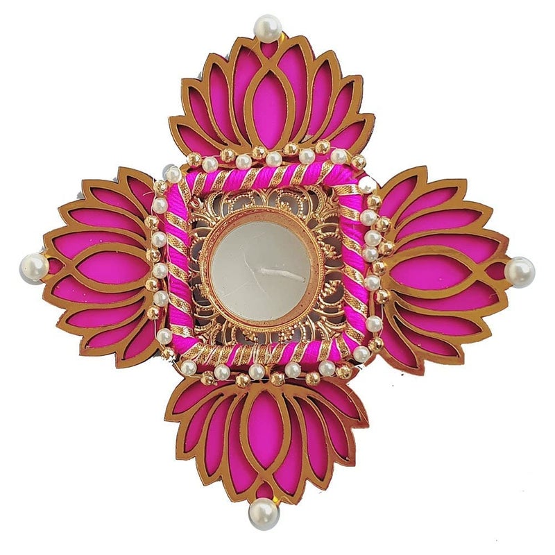 MYGIFTYSHOP MyGiftyShop Decorative Pink Lotus MDF Diya Rangoli with Flower Diya Set of 9 Tea Light Candles for Diwali Dipawali Decoration New Year Christmas House Warming Dusshera Laxmi Puja - Image 2