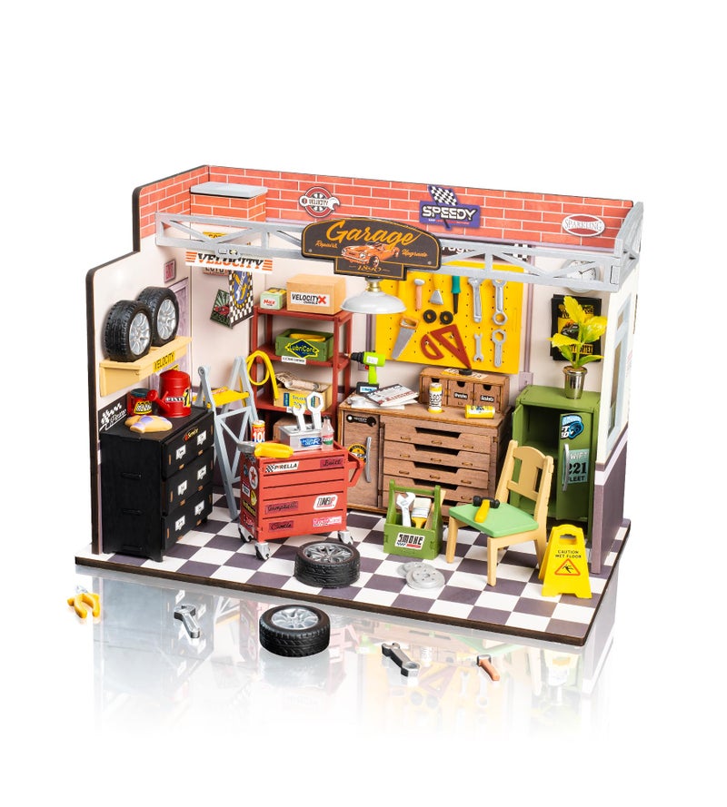 Rowood Miniature House Kit,DIY Miniature Dollhouse Craft Kits for Adults,Mini House Kits with LED,Birthday for Kids Ages 14+(Garage Workshop) - Image 1