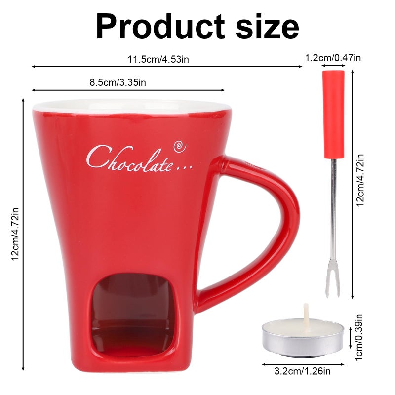 lasuroa Chocolate Fondue Cup Set, Ceramic Sweet Melting Mug Tealight, Mini Fondue Pot Kit with Fork & Candle, Candy Warmer for Cheese Desserts Perfect for Date Nights Valentines Birthday Wedding Gift (Red) - Image 2