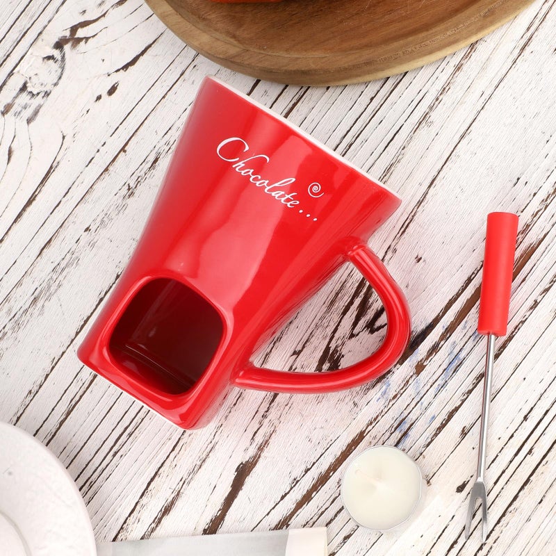 lasuroa Chocolate Fondue Cup Set, Ceramic Sweet Melting Mug Tealight, Mini Fondue Pot Kit with Fork & Candle, Candy Warmer for Cheese Desserts Perfect for Date Nights Valentines Birthday Wedding Gift (Red) - Image 5