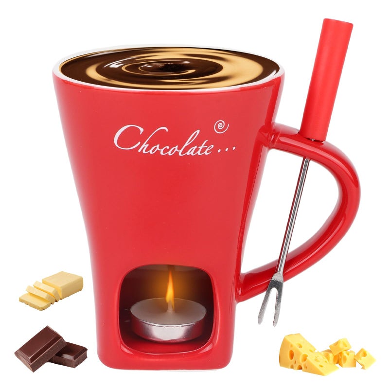 lasuroa Chocolate Fondue Cup Set, Ceramic Sweet Melting Mug Tealight, Mini Fondue Pot Kit with Fork & Candle, Candy Warmer for Cheese Desserts Perfect for Date Nights Valentines Birthday Wedding Gift (Red) - Image 1