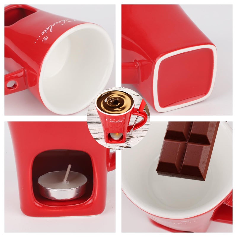lasuroa Chocolate Fondue Cup Set, Ceramic Sweet Melting Mug Tealight, Mini Fondue Pot Kit with Fork & Candle, Candy Warmer for Cheese Desserts Perfect for Date Nights Valentines Birthday Wedding Gift (Red) - Image 4