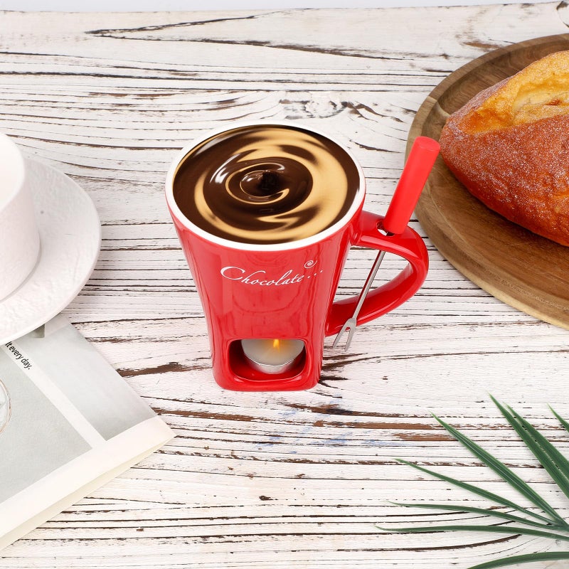 lasuroa Chocolate Fondue Cup Set, Ceramic Sweet Melting Mug Tealight, Mini Fondue Pot Kit with Fork & Candle, Candy Warmer for Cheese Desserts Perfect for Date Nights Valentines Birthday Wedding Gift (Red) - Image 3