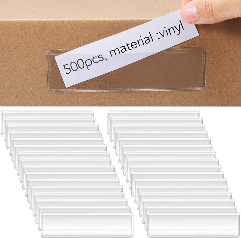 Epakh Label Holders Adhesive Shelf Tag 1.2 x 4.3 Inch Clear Shelf Tag Index Card Pockets Plastic Drawers File Cabinet Storage Bins Label Holder for Supermarket Bookshelf Mailbox Business Kitchen (500 Pack) - Image 1