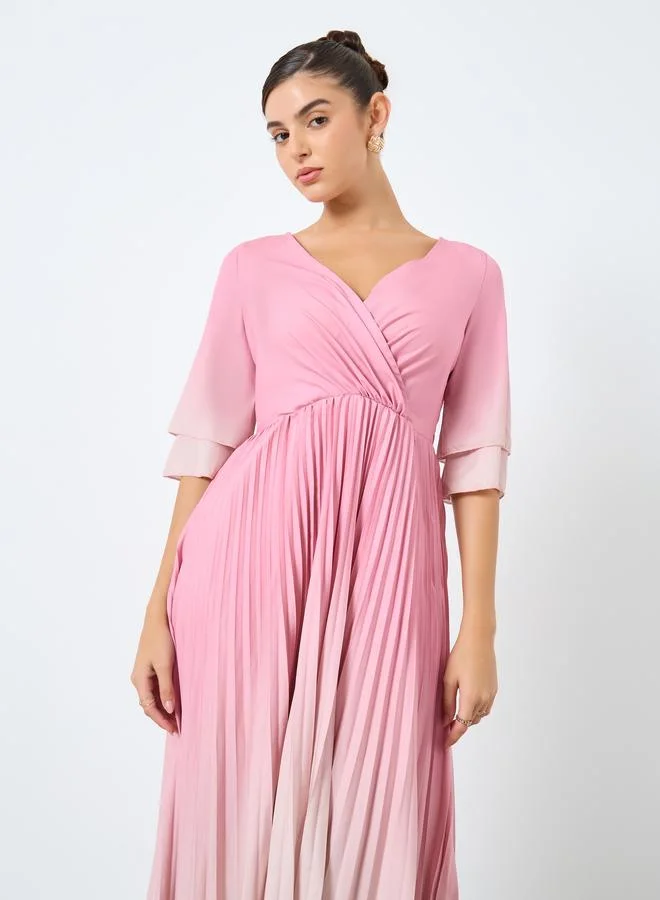 Styli pink gradient Styli Amber Print Pleated A-Line Midi Dress for Women | Best Price UAE