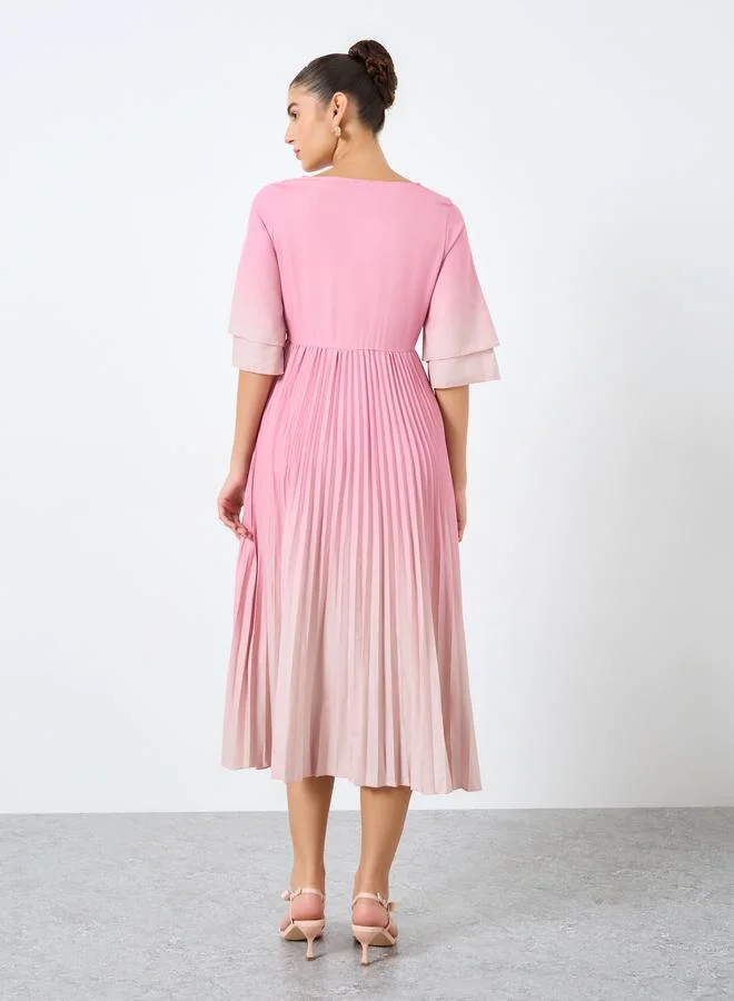 Styli pink gradient Styli Amber Print Pleated A-Line Midi Dress for Women | Best Price UAE