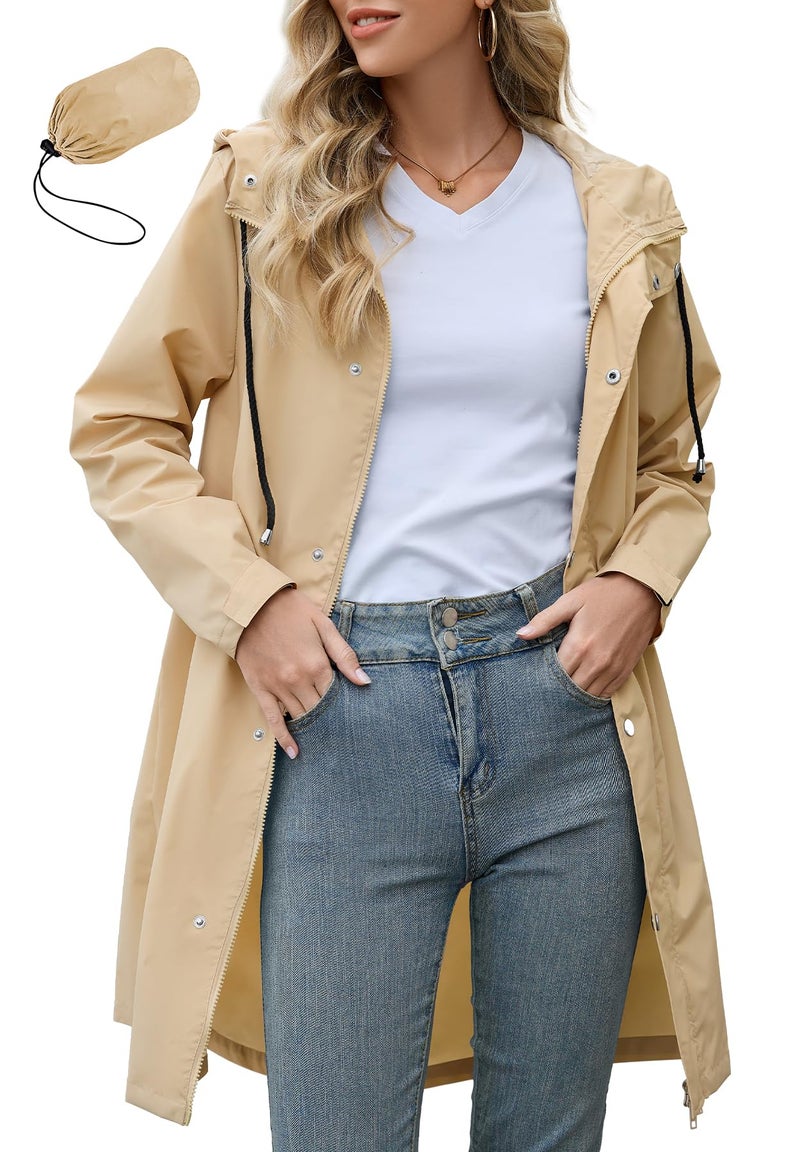 Zando Travel Rain Coats for Women Packable - Rain Jacket Women Waterproof Windbreaker Jacket Lightweight Long Raincoat with hood Spring Fall Trench Coat for Outdoor Gifts Light Khaki M - Image 1
