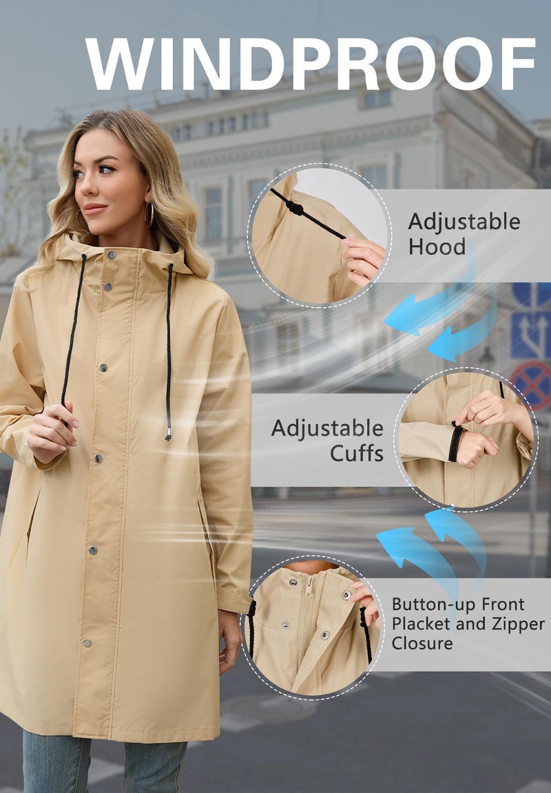 Zando Travel Rain Coats for Women Packable - Rain Jacket Women Waterproof Windbreaker Jacket Lightweight Long Raincoat with hood Spring Fall Trench Coat for Outdoor Gifts Light Khaki M - Image 5