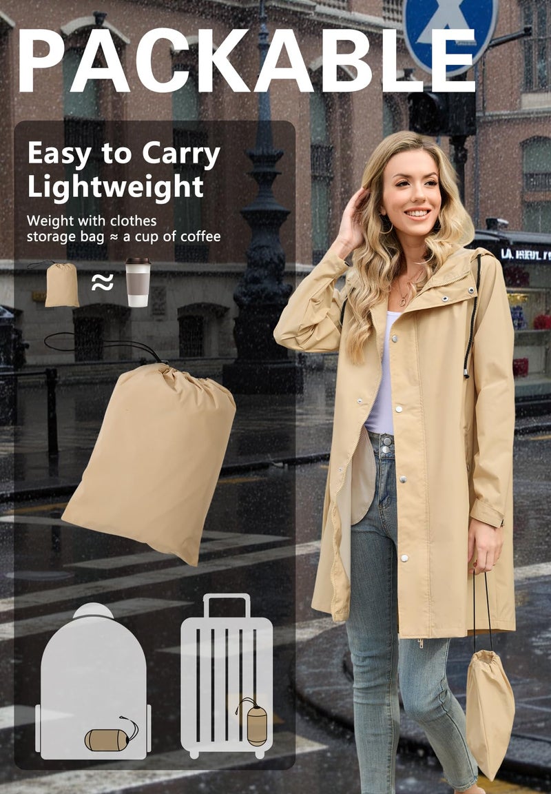 Zando Travel Rain Coats for Women Packable - Rain Jacket Women Waterproof Windbreaker Jacket Lightweight Long Raincoat with hood Spring Fall Trench Coat for Outdoor Gifts Light Khaki M - Image 4