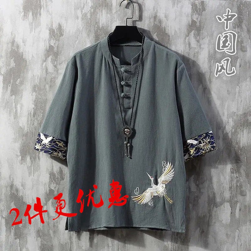 Embroidered Linen Short-sleeved T-shirt Men's Summer Thin Loose Trendy Brand plus size Tang Chinese Style Cotton and Linen Buckle T-shirt - Image 2