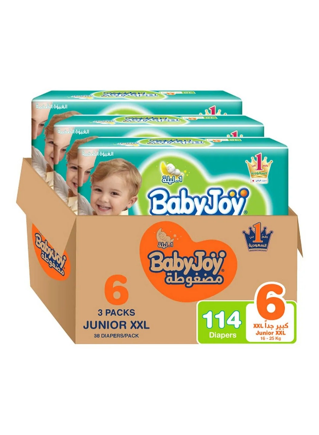 Baby Joy BabyJoy Compressed Diamond Pad Diaper, Size 6, Junior XXL, 16-25 Kg, Mega Box, 114 Tape Style Diapers