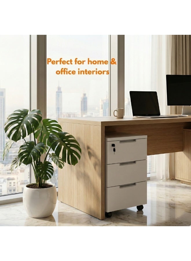 Sky Land Skyland 3-Drawer Mobile Pedestal with Central Lock, Under-Desk Wooden File Cabinet on Casters, A4 File Drawer, Smooth Slides, White - Image 2