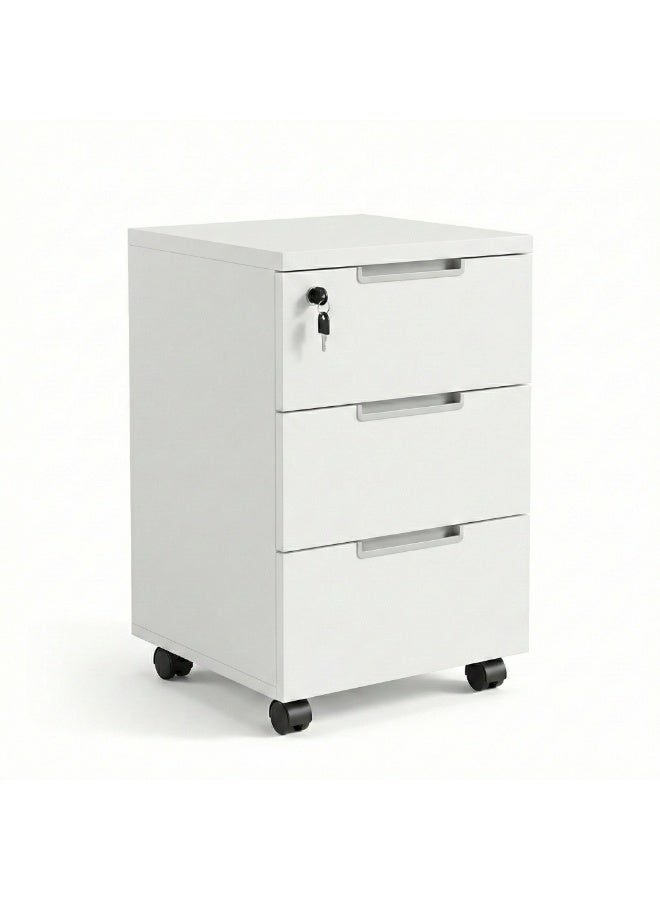 Skyland 3-Drawer Mobile Pedestal with Central Lock, Under-Desk Wooden File Cabinet on Casters, A4 File Drawer, Smooth Slides, White