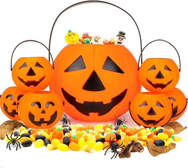 brown leaf brown leaf 7pcs Halloween Portable Pumpkin Buckets 1 Large Pupmkin Trick or Treat Pumpkin 6 Small JackOLantern Plastic Buckets for Party Favor Halloween Decoration  - Image 1