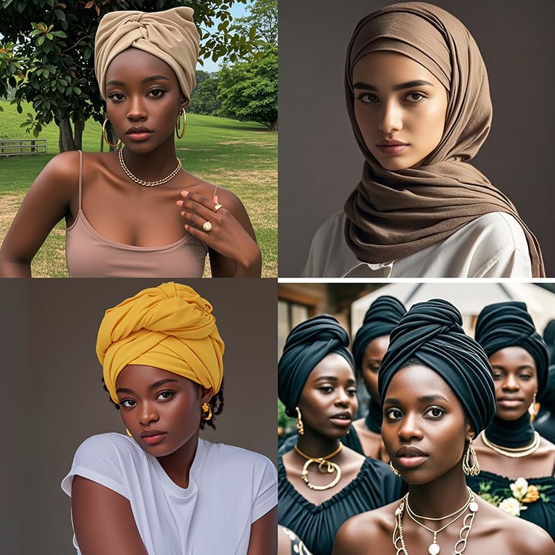 ARKBAODAN 5PS Stretch African Head Wraps for Five-color set Women - Long Jersey Turban Headwraps, Head Scarf, Headbands (Black, brown, brown, green, yellow) - Image 3