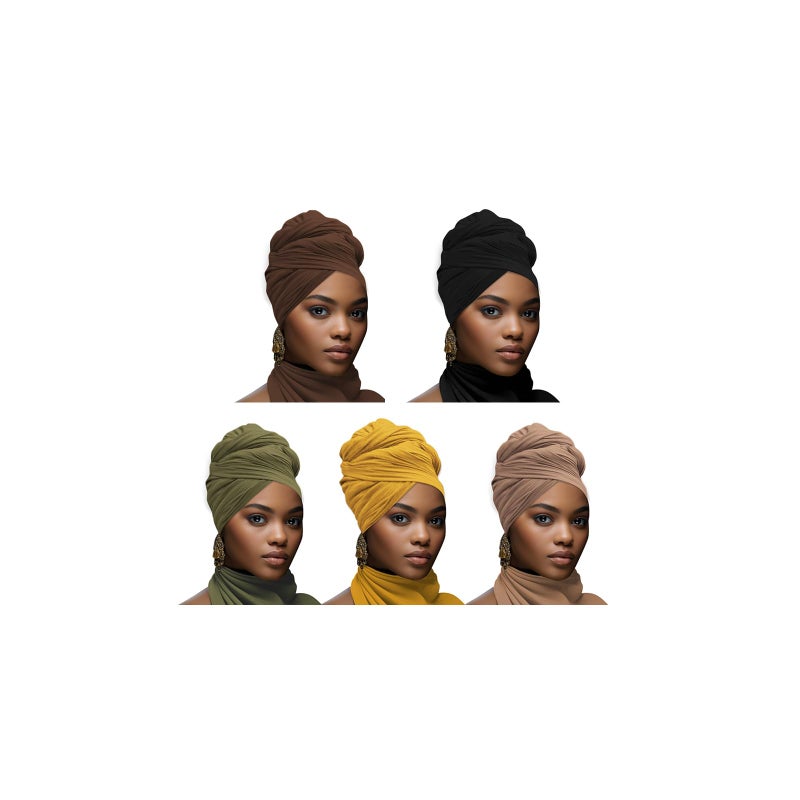 ARKBAODAN 5PS Stretch African Head Wraps for Five-color set Women - Long Jersey Turban Headwraps, Head Scarf, Headbands (Black, brown, brown, green, yellow) - Image 1
