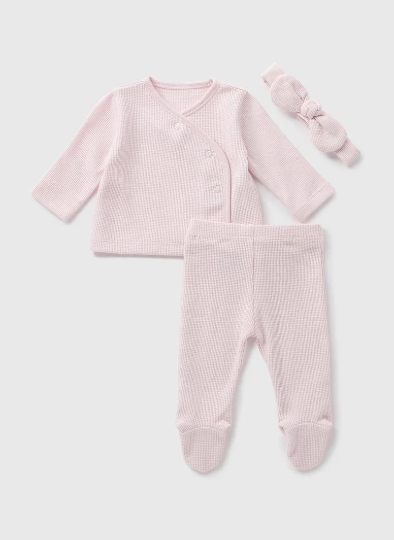 Matalan 3 Piece Baby Pink Waffle Top & Legging Set