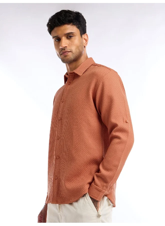 بيونغ Rust Orange Full Sleeve Waffle Shirt For Men