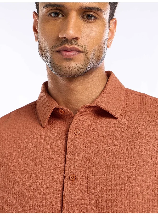 Beyoung Rust Orange Full Sleeve Waffle Shirt For Men