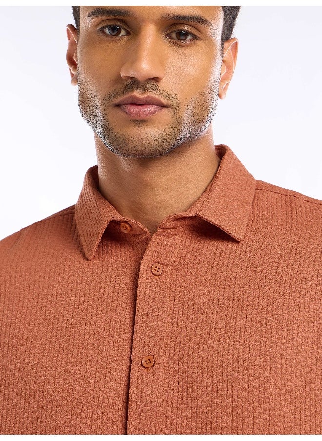 Rust Orange Full Sleeve Waffle Shirt For Men