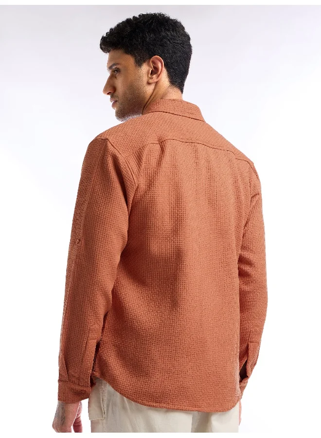 Beyoung Rust Orange Full Sleeve Waffle Shirt For Men