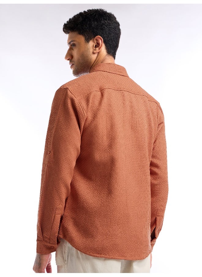 Beyoung Rust Orange Full Sleeve Waffle Shirt For Men  - Image 3