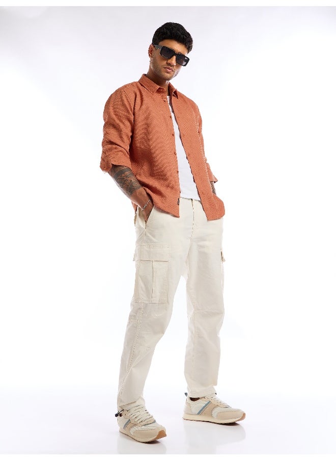 Beyoung Rust Orange Full Sleeve Waffle Shirt For Men  - Image 4