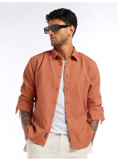 Beyoung Rust Orange Full Sleeve Waffle Shirt For Men  - Image 1